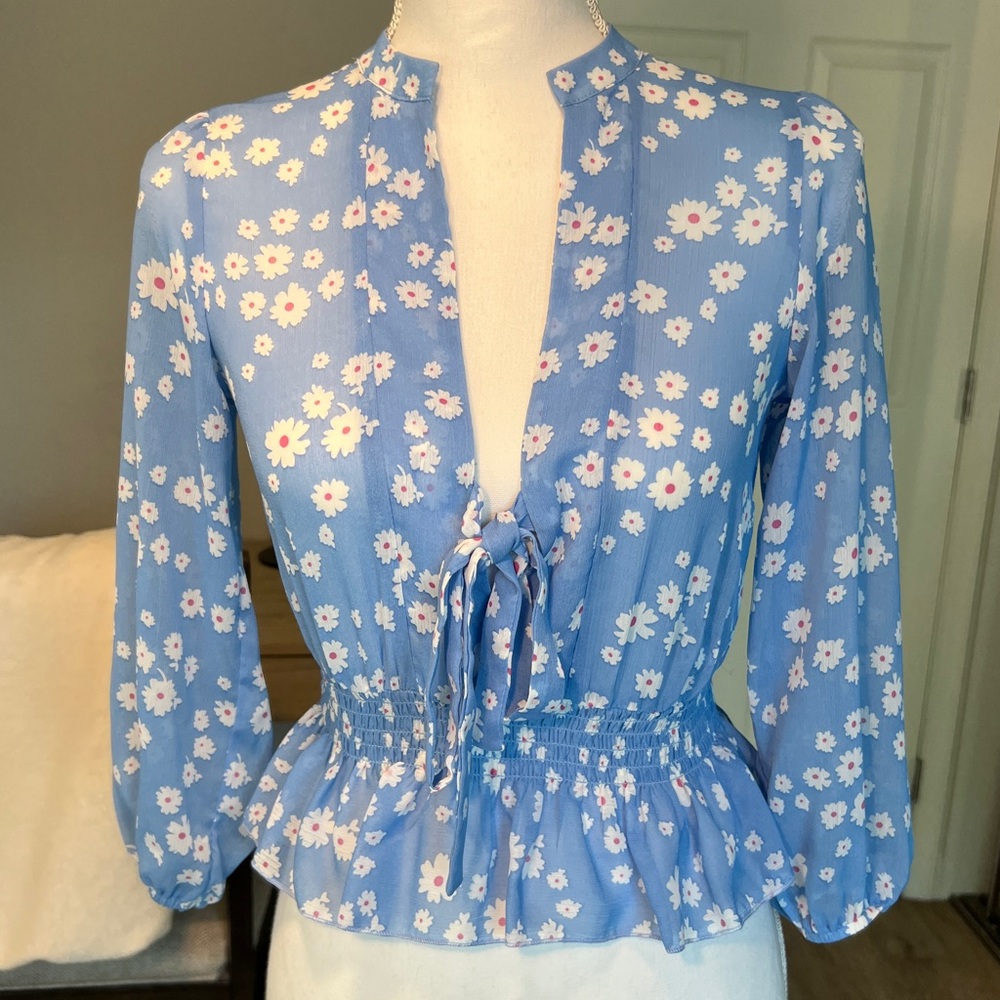 ASOS DESIGN Blue & White Floral Long Sleeve Sheer Top with Bow & Shirred Waist
